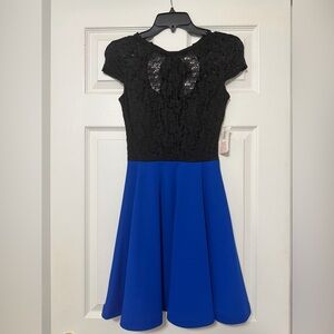 B Darlin Fit & Flare Black Lace Top Royal Blue Skirt Dress 3/4 Juniors NWT